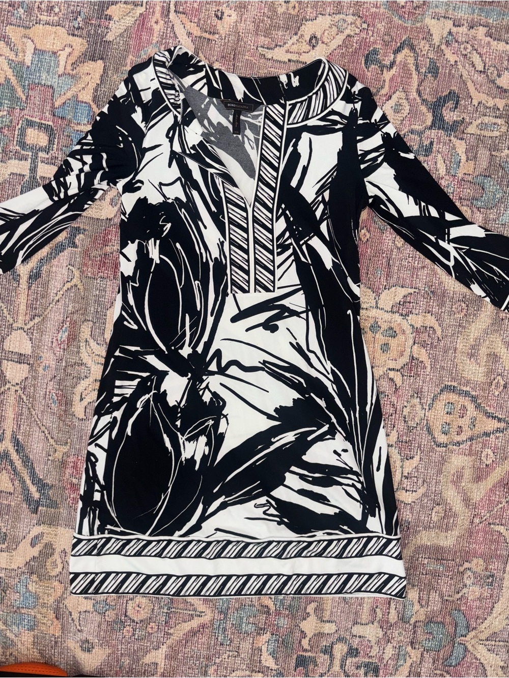 BCBGMaxAzria Black and White Graphic Floral Shift Dress